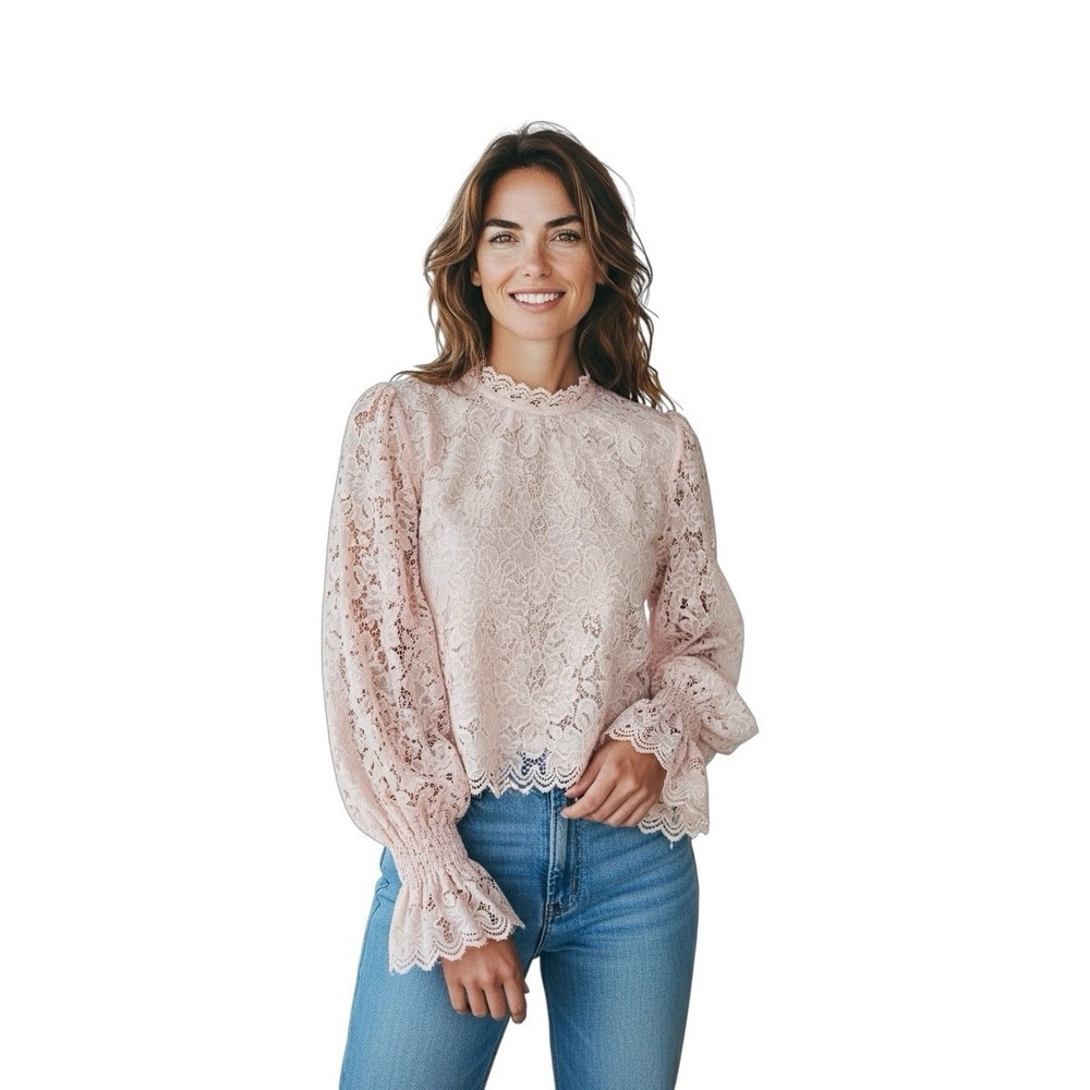 FREE‎ PEOPLE Olivia Lace Top Size XS Pink Dolman Balloon Poet Sleeve
